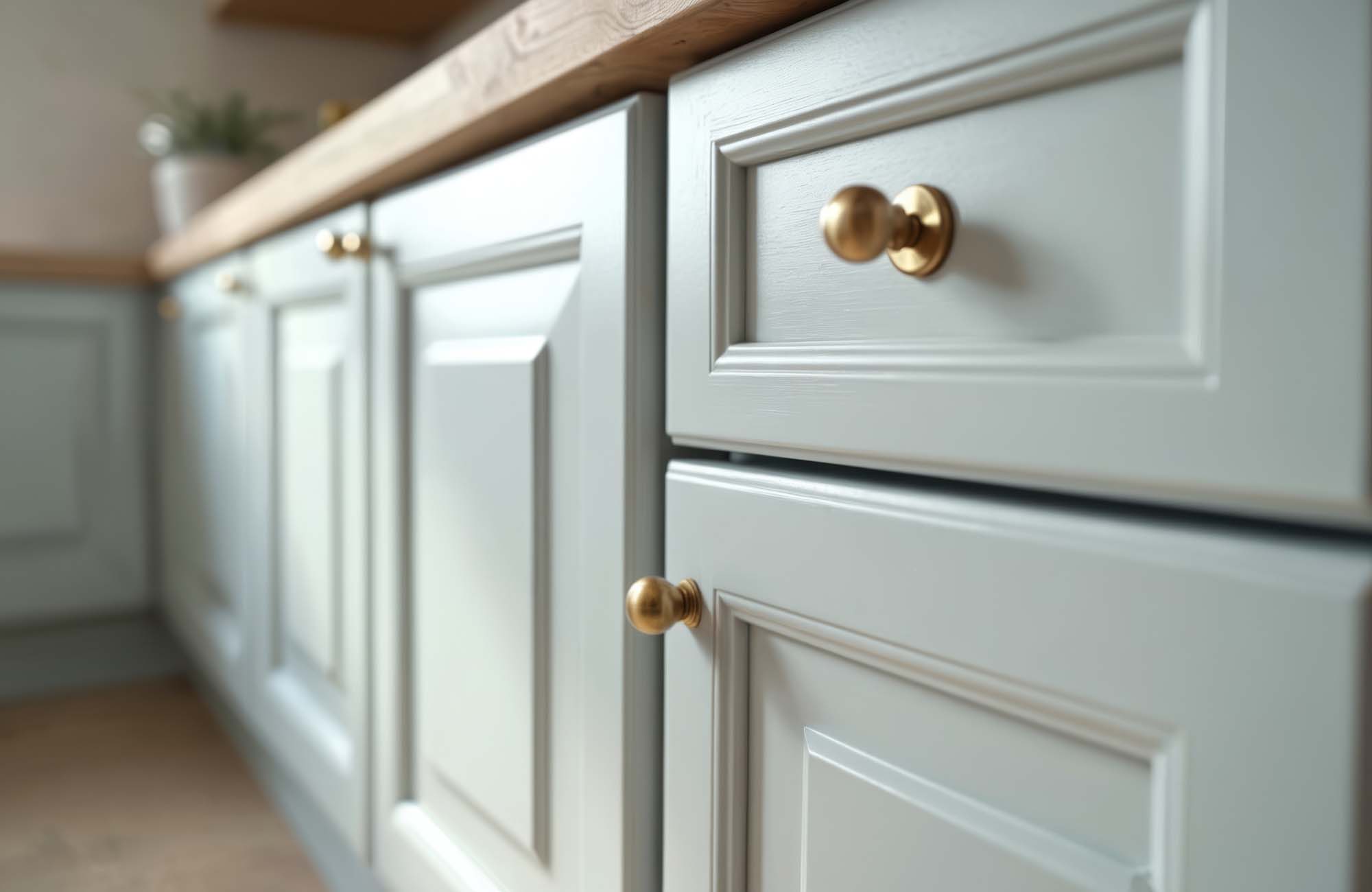 Close-up of kitchen cabinet doors with fresh paint, golden knobs. Home improvement interior design renovation concept. Painted cabinets renovation project. New kitchen cabinets. AI generated